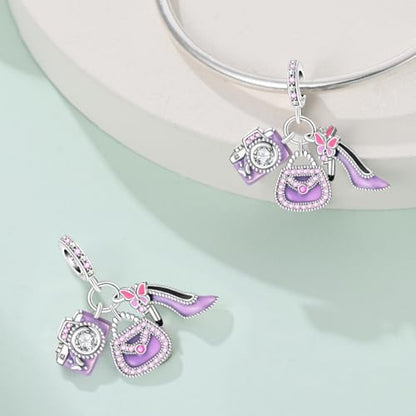 925 Sterling Silver Charms for Bracelets and Necklaces Lipstick and Perfume High Heels Dangle Pendants Heart Butterfly Bead Charms Halloween Christmas Gift for Womens - style: Camera Handbag High heels Charm