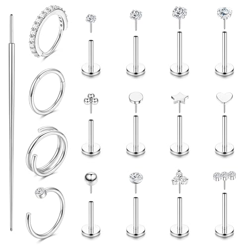 ORAZIO 14K Gold Filled Nose Rings Studs Hoops for Women Men 20G 18G Hypoallergenic Surgical Steel Push in Threadless Flat Back Earrings CZ Helix Tragus Lip Cartilage Medusa Nostril Piercing Jewelry - color: Silver Tone, size: 18g=1.0mm