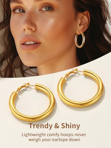 FindChic Hoop Earrings for Women, Silver/Black/14K Gold Plated Hypoallergenic Hollow Round Tube Loop Earrings, 20mm/30mm/40mm/60mm/80mm Chunky Hoops with Custom Name Options & Gift Box - color: c.Gold, size: 40MM