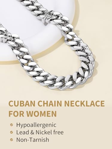 FindChic Cuban Link Chain Necklace for Women Men, Silver/Gold Plated Stainless Steel Solid Miami Curb Chain Hip Hop Punk Statement Jewelry, 5/12/14mm Width, 16/18/20 Inch Length, with Gift Box - color: 05. 14mm-Silver, size: 16inches