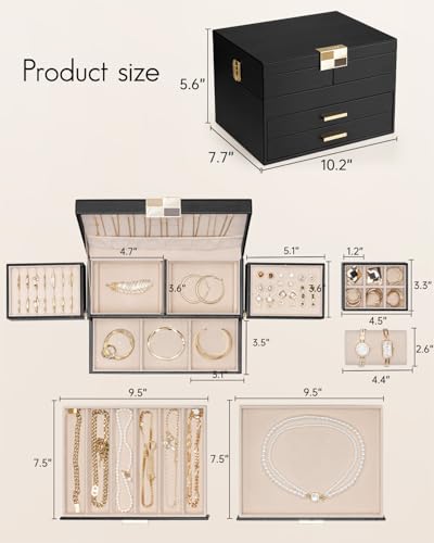 VLANDO Jewelry Box,4-Layer Design with Retractable Tray and 2 Drawers, Black - color: E.Black, size: 4-Layer