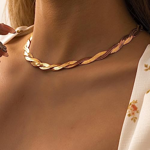 Gold Snake Chain Necklace Double Layer Twist Herringbone Choker Necklace Flat Herringbone Chain Necklace Layered Knot Snake Chain Collar Necklace Jewelry for Women Girls - color: Gold
