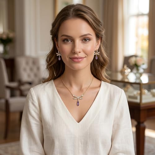Gold Dragonfly Jewelry Set, Purple Teardrop Crystal Paved Wing Pendant Necklace & Leverback Earrings