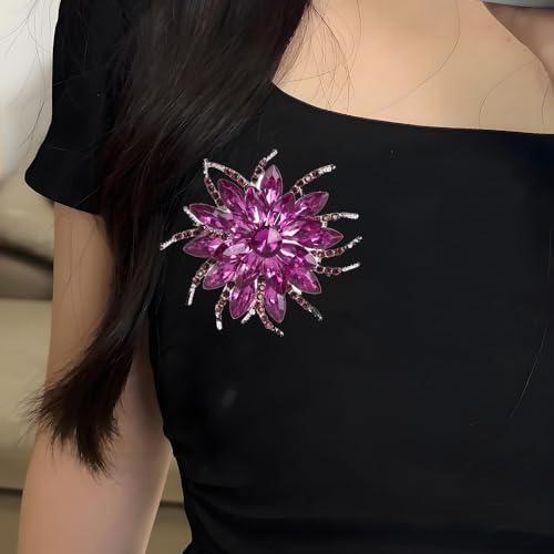 Rinestone Flower Brooch for Women Men Elegant Crystal Rose Flower Lapel Dress Brooches Pin Party Accessories Jewelry - style: purple