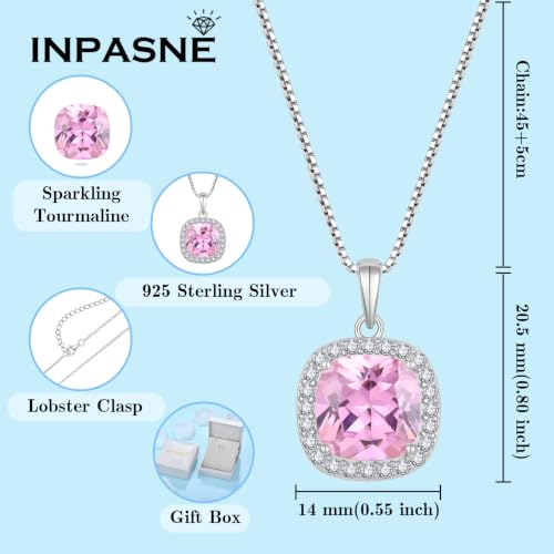 Birthstone Necklace for Women 925 Sterling Silver Princess Cut Halo Necklace Pendant Jewelry for Mom Wife - color: Pink