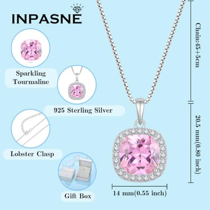 Birthstone Necklace for Women 925 Sterling Silver Princess Cut Halo Necklace Pendant Jewelry for Mom Wife - color: Pink