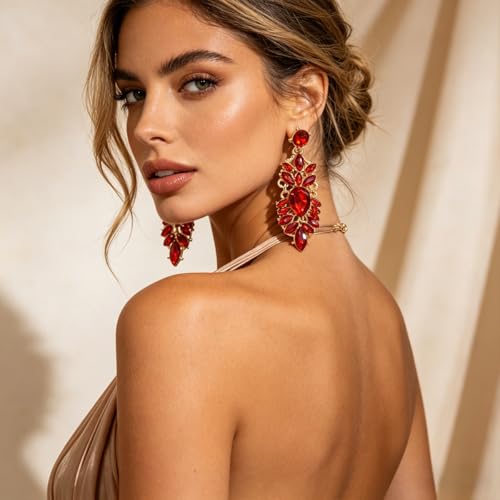 Rhinestone Drop Earrings for Women Chunky Gold Crystal Teardrop Earrings Statement Wedding Party Prom Bridal Jewelry - color: Red