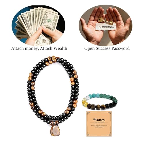 Money Bracelets Necklace Jewelry Set for Women Men Jade Crystal Tiger Eye Obsidian Beaded Necklace Feng Shui Good Luck Money Bracelet Wealth Attraction Accessories Outfits Protection Jewelry Gifts - color: A5