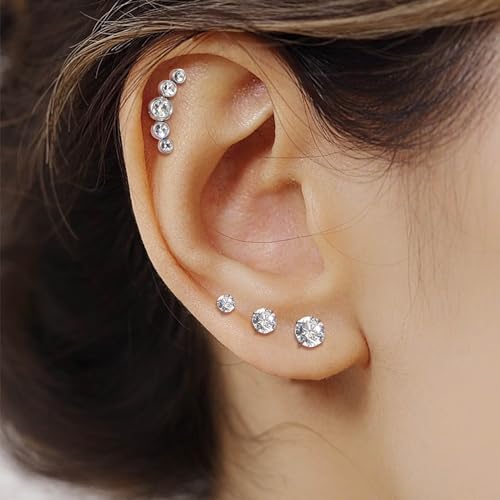 Lantine 16g CZ Crawler Flat Back Stud Earrings Set G23 Titanium Cartilage Tragus Daith Helix Piercing Jewelry 20g Flat Screw 2nd 3rd Lobe FlatBack Earrings - color: CZ, size: 16g 8mm