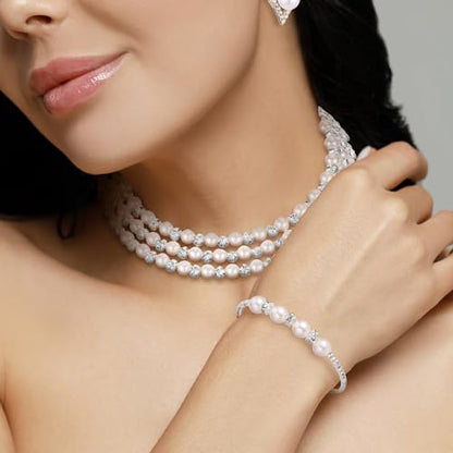 Glenmal Pearl Rhinestone Jewelry Set for Women Pearl Necklace Bracelet Earrings for Wedding Halloween Bridal Shower Tea Party - style: Exquisite Style