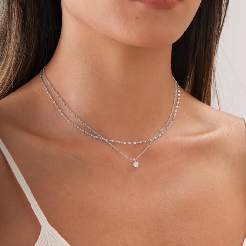 Layered Choker Necklace for Women Stackable Chain Dainty Zircon Pendant Set | 2PCS, Silver/14K Gold Plated, Box/Ball/Rope/Lip chain, Layering Diamond Cut CZ Pendant, Dainty Thin Chain, Trendy Prom Gift - color: Silver, style: Style 04
