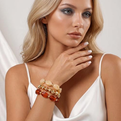 GOOJIDS Simple Beaded Gold Plated Bangles Bracelet Chunky Bamboo Tube Curved Stacking Clear Acrylic Colorful Beads Stretchable Gold Plated Bracelets Set For Women - color: T Brown&Beige Beads Set