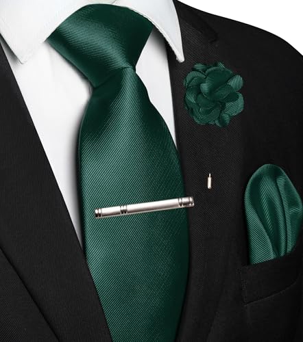 JEMYGINS Formal Necktie Solid Color Tie and Pocket Square with Tie Clip Lapel Pin Sets for Men 4PCS - color: Dark Green