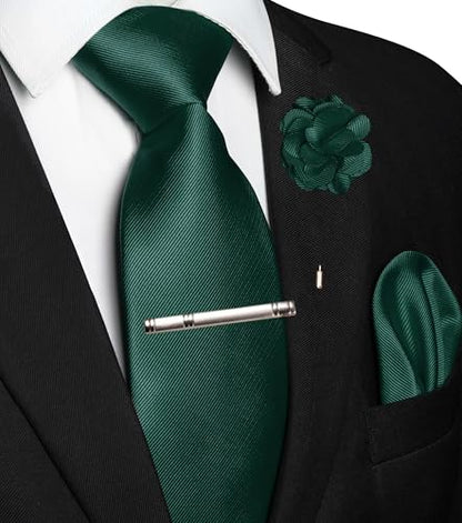 JEMYGINS Formal Necktie Solid Color Tie and Pocket Square with Tie Clip Lapel Pin Sets for Men 4PCS - color: Dark Green