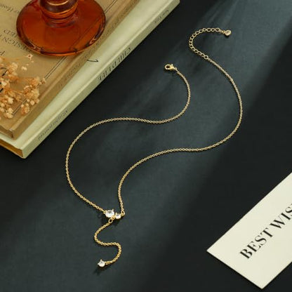Lariat Gold Necklace for Women Dainty Long Necklaces 14k Gold Plated CZ Y Drop Chain Necklace Trendy Gold Jewelry Gifts - color: 2 Square Zircons-Y Necklace-gold-427