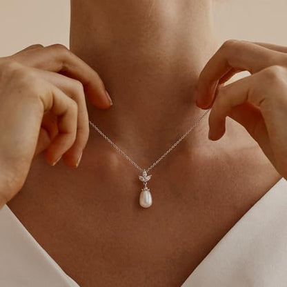 Pearl Necklaces for Women Trendy,Dainty Pearl Pendant Necklace | 14k Gold Plated Elegant Pearl Necklace,Simple Pearl Pendant,Dainty Gold Jewelry,Waterproof Summer Bridal Wedding Accessories - color: SILVER-12