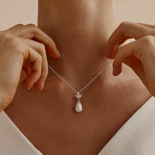 Pearl Necklaces for Women Trendy,Dainty Pearl Pendant Necklace | 14k Gold Plated Elegant Pearl Necklace,Simple Pearl Pendant,Dainty Gold Jewelry,Waterproof Summer Bridal Wedding Accessories - color: SILVER-12