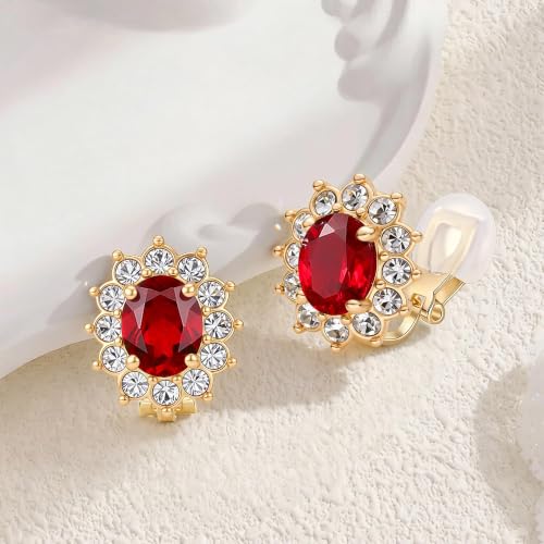 EVEVIC Oval Austrian Crystal Halo Clip On Earrings for Women | Oval Austrian Crystal with Zircon Halo,14K Gold-Plated,Silicone Comfort Pad,Gift Box Included,For Daily and Evening Events - color: Red