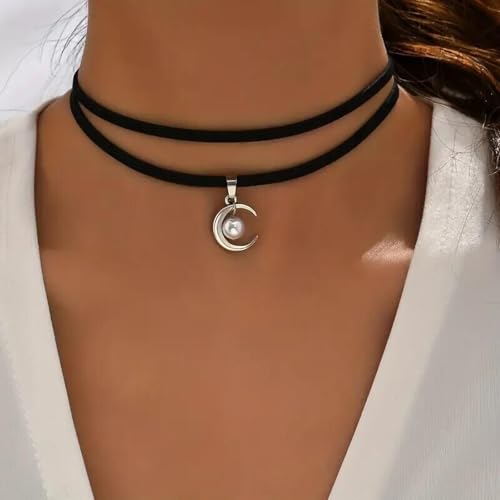 Fesciory Black Necklaces for Women, Adjustable Layered Velvet Leather Lace Collar Necklace, Goth Jewelry Gifts. - color: Pearl Moon