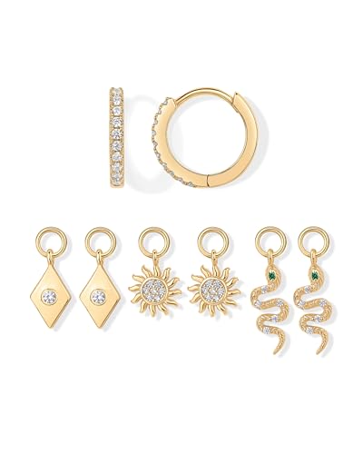 PAVOI 14K Gold Plated Huggie Earring Charms for Women - Mix and Match Huggie Hoop Earrings with Charms Pack - Dangle Dainty Motif Set with Cubic Zirconia, Heart, Cross, Pearl & Evil Eye Jewelry - Valentines Day Trendy Jewelry - style: Snake