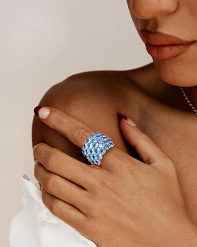 925 Sterling Silver Pave Birthstone Chunky Statement Rings for Women Men | 14K Gold Plated/Silver Large Dome Ring Birthday Cocktail Jewelry,Size 6 to 10(with Gift Box) - color: 12-Created Blue Spinel-Dec.
