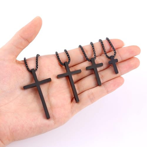 Fiusem Cross Necklace for Men, Silver/Gold/Black Mens Cross Necklaces with 2.5mm Cross Chain and Stainless Steel Cross Pendant, Box Chain 16-24 Inch, Jewelry Gift - size: 16.0 Inches, style: Tiny black cross: 0.8" * 0.4"