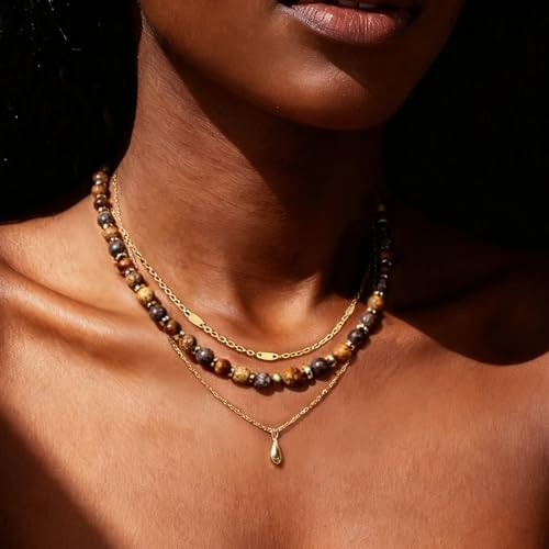 Beaded Necklaces for Women 3Pcs Colorful Boho Gemstone Bead Choker Summer Natural Stone Surfer Beach Bead Necklace Bracelets Earring Set Handmade Jewelry for Women Gift Jewelry Sets - color: Tiger eyes