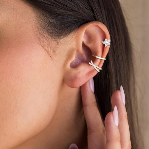 14K Gold Plated Ear Cuff Earrings for Women, Dainty Ear Cuffs Clip on Earrings Non Piercing Trendy Cubic Zirconia Cartilage Hoop Earring Fashion Jewelry Sets for Women - color: Silver 5 Flower