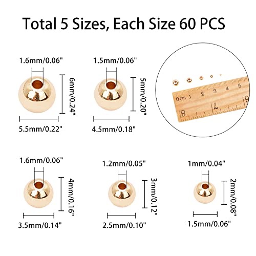 PH PandaHall 14K Gold Plated Spacer Beads, 300pcs Round Brass Beads 5 Size Metal Smooth Beads Seamless Ball Beads Long-lasting Little Beads for Summer Bracelet Necklace Jewelry DIY Crafts(2/3/4/5/6mm) - color: Gold