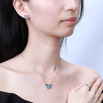 Aurora Tears Butterfly Jewelry,Women 925 Sterling Silver Butterflies Birthstone Pendant Necklace/Earrings/Rings Wedding Gift - color: C.March-set 2