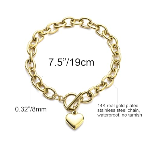14K Gold Silver Tone Women’s Heart Charm Bracelets Toggle Clasp Stainless Steel Link Bracelet Minimalist Jewelry 7.5” - color: polish heart-gold