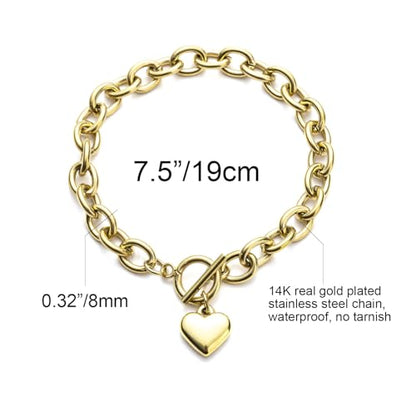 14K Gold Silver Tone Women’s Heart Charm Bracelets Toggle Clasp Stainless Steel Link Bracelet Minimalist Jewelry 7.5” - color: polish heart-gold