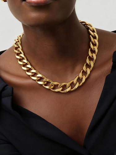 ChainsPro Cuban Link Chain for Women,Stainless Steel Chunky Necklace Silver/Gold Plated Thick Chain Choker, 12/16/20 mm Width,18" and 20" Punk Hip Hop Trendy Non Tarnish Jewelry Gifts - color: Gold Plated, style: 16mm-18"