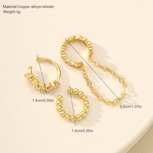 3Pcs Ear Cuffs Non Piercings for Women, Trendy Cubic Zirconia Gold Silver Clip On Cuff Earrings Set Jewelry Dainty Fake Cartilage Earring - color: Gold Chain2