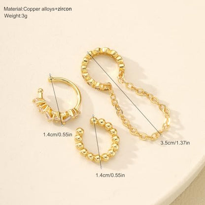 3Pcs Ear Cuffs Non Piercings for Women, Trendy Cubic Zirconia Gold Silver Clip On Cuff Earrings Set Jewelry Dainty Fake Cartilage Earring - color: Gold Chain2