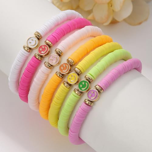 Friendship Bracelets for Women - Heishi Surfer Colorful Smile Evil Eye Clay Beaded Stretch Bracelets Elastic Layering - Stackable Boho Disc Y2K Aesthetic Summer Jewelry Set. - color: COLORFUL SMILE