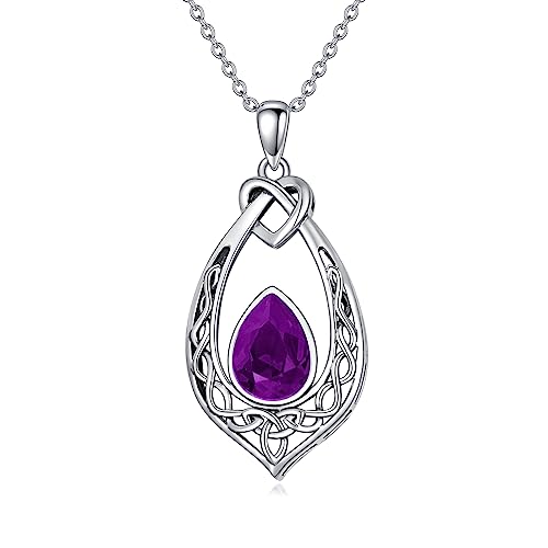 AOBOCO Celtic Knot Necklace 925 Sterling Silver Oxidized Vintage Love Knot Pendant Necklace with Simulated Birthstone Crystal, Birthday Christmas Jewellery Gifts for Women - color: Amethyst Purple