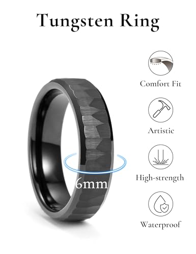 King Will 8mm Mens Hammered Tungsten Rings Matte Brushed Finish | Beveled Edge, Comfort Fit, Durable, Everyday Wear - color: Black 6mm