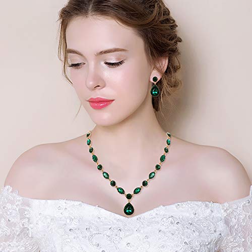EleQueen Women's Teardrop Necklace Earrings Jewellery Set for Party Prom | Wedding Bridal Costume Jewelry Set for Brides Bridesmaids, Crystal Teardrop Necklace Dangle Earrings - color: Emerald Color Gold-Tone