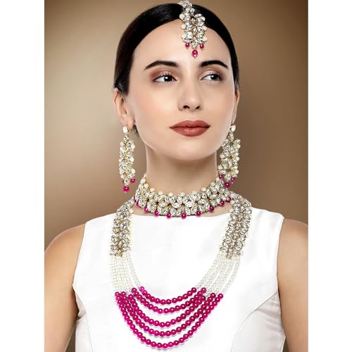 Aheli Wedding Party Wear Bridal Jewellery Choker Long Pearl Necklace Earrings Maang Tikka Indian Traditional Set Gift for Women - color: Rani Pink 1