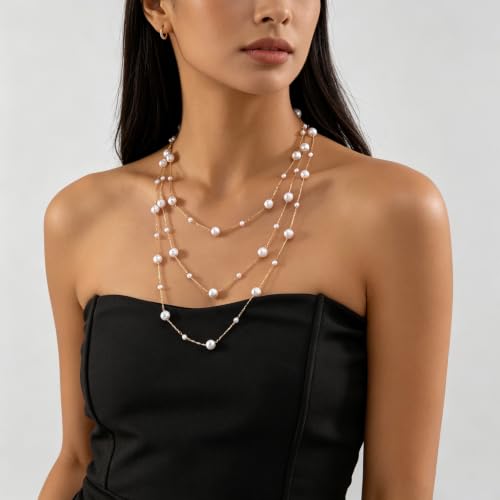 Long Layered Pearl Necklace for Women Big Large Beaded Statement Charm Necklace,Strand Multiple Strand Pearl Choker, Shirt & Sweater Wedding Party Jewelry Gifts - color: Pearl-Three