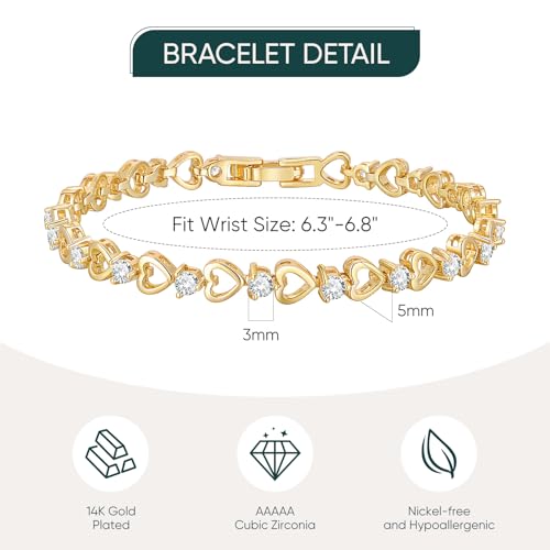 Tennis Bracelet for Women - 14K Gold Plated Heart Cubic Zirconia Bracelet, Dainty Trendy Anniversary Birthday Christmas Jewelry Gift for Her - color: Gold (6.3-6.8 Inches)