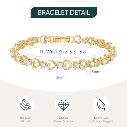 Tennis Bracelet for Women - 14K Gold Plated Heart Cubic Zirconia Bracelet, Dainty Trendy Anniversary Birthday Christmas Jewelry Gift for Her - color: Gold (6.3-6.8 Inches)
