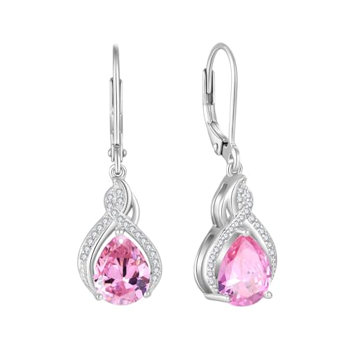 925 Sterling Silver Infinity Teardrop Earrings for Women | Lwsary Dangle Drop Leverback Earrings, Pear Shaped Birthstone Jewelry for Her - color: Pink