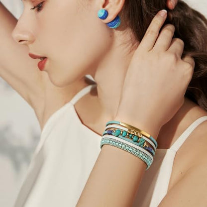 Wrapped Bracelets for Women,Leather Boho Bracelets for Women - color: Stone-Blue