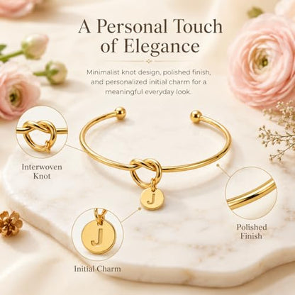 LemonRose Initial Bracelets for Women - Dainty Tie the Knot Letter A-Z 14K Gold Plated for Women Gold Cuff Bracelet for Womens Jewelry Personalized Bridesmaid Proposal Gifts - color: Gold J