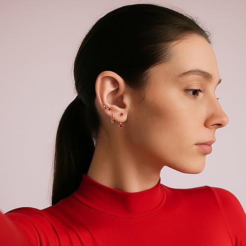 3 Pairs Dainty Small Earrings Set for Women Trendy, Birthstone Stud Huggie Hoop Jacket Stack for Cartilage Helix, Gold Plated Hypoallergenic Cute Women Fashion Accessories Western Jewelry Gifts - color: 01Red Created Garnet-Jan (Gold)