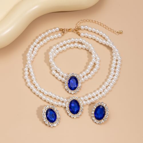 3Pcs Dainty Elegant Imitation Pearl Beaded Choker Necklace Bracelets Earrings Set Handmade Adjustable Faux Pearl Necklace for Women Bridal Wedding Party Prom Birthday Valentine Jewelry Gifts - color: F blue