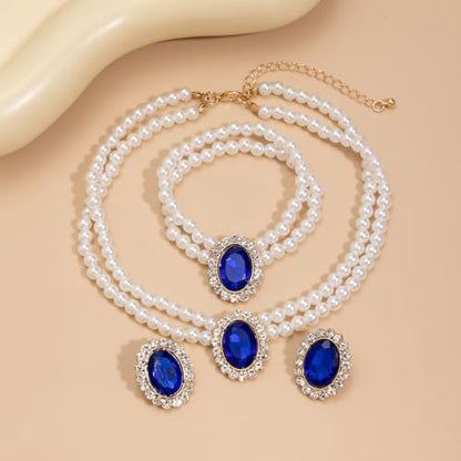 3Pcs Dainty Elegant Imitation Pearl Beaded Choker Necklace Bracelets Earrings Set Handmade Adjustable Faux Pearl Necklace for Women Bridal Wedding Party Prom Birthday Valentine Jewelry Gifts - color: F blue