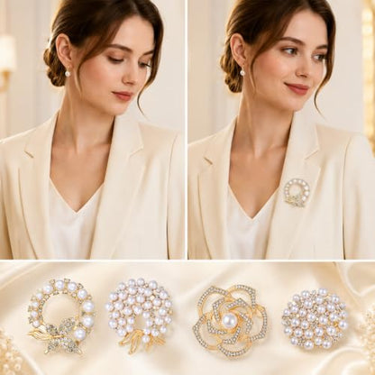 4pcs Crystal Pearl Brooch, Flower Pearl Brooch Pins for Women | Fashion Elegant Glod Crystal Floral Brooches for Dress Coat Shawl Wedding Appreciation Decor